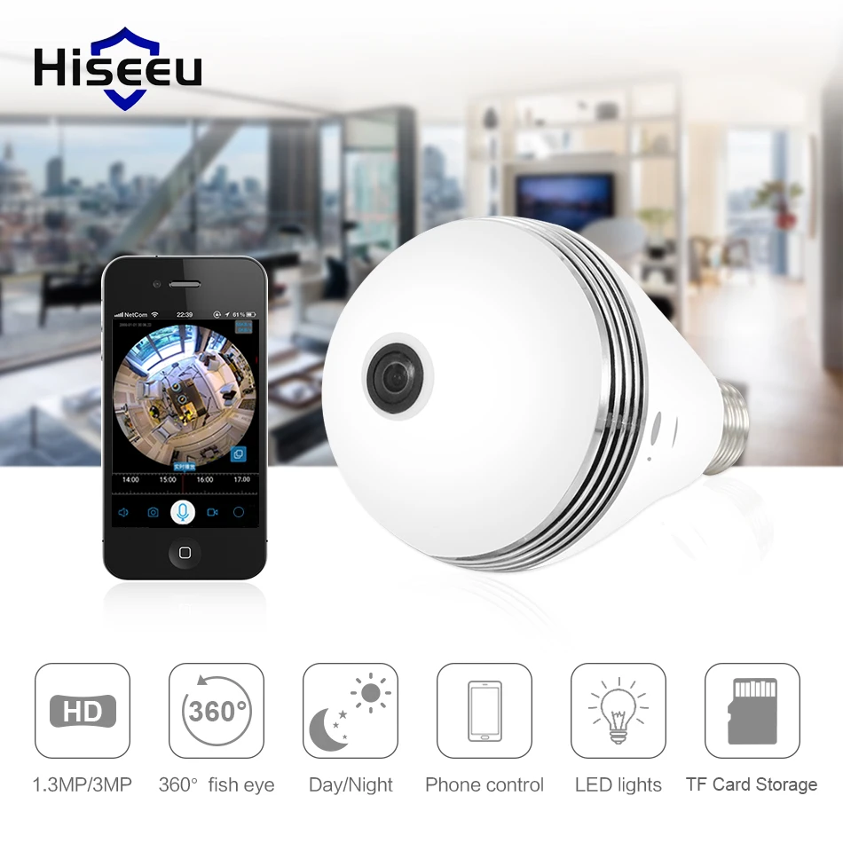 

Hiseeu HD 1.3MP/3MP lamp bulb light Wireless IP Camera 360 degree FishEye CCTV 3D VR Camera Home Security WiFi Camera Panoramic