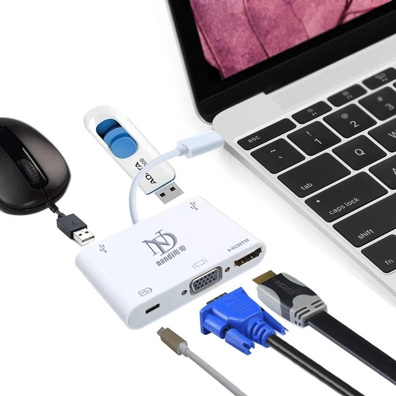  USB3.1 Type-C to HDMI VGA Adapter converter USB3.0 usbc 5in1 Hub Thunderbolt3 Port Compatible Cable