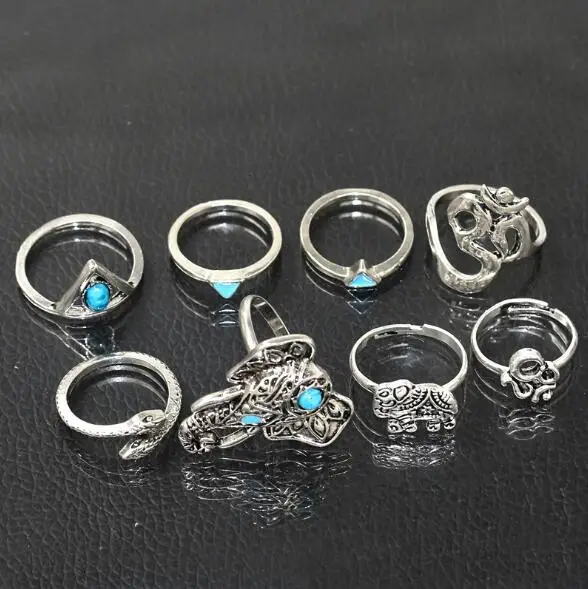 

8PCS/Set Boho Bohemia knuckle Ring Vintage Beach Elephant Rings For Women Men Carving Tibetan Silver Plated Joint Ring Set 2016