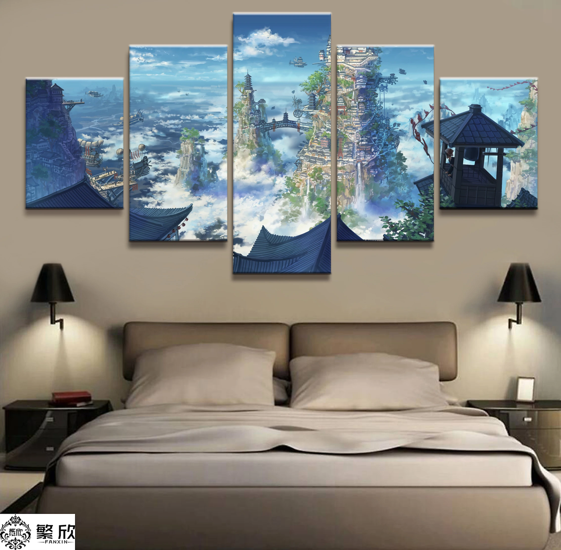 

Hot Sales Without Frame 5 Panels Picture Villages in the Clouds Cartoon Poster Artwork Wall Art Canvas Painting Wholesale