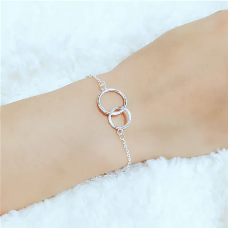 

925 Sterling Silver Double Round Circle Bracelets For Women Original Simple Style Lady Prevent Allergy Sterling-silver-jewelry