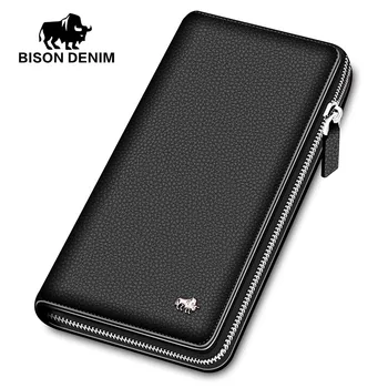 

BISON DENIM luxury genuine leather men wallets long zipper clutch purse business casual male credit card holder phone wallet