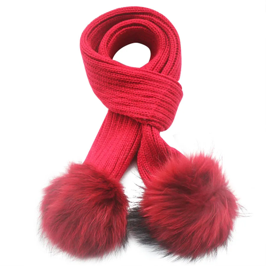 Luxury Quality 130*16cm crochet Children Scarf Knitted Winter Fur Scarves Kids Real Raccoon Fur PomPoms neck warmer scarf