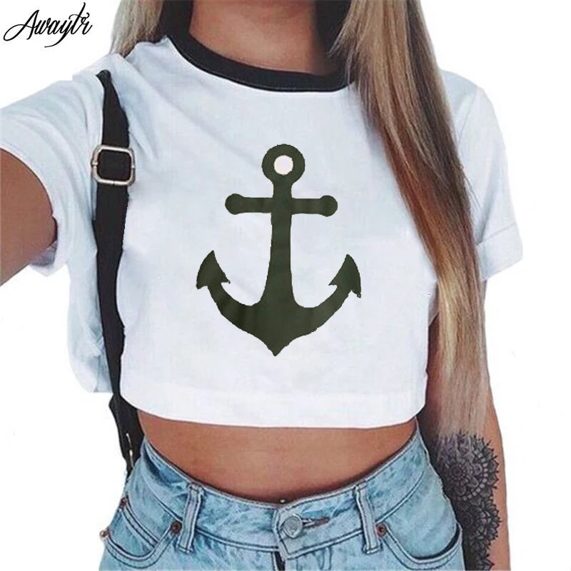 Awaytr Women's Summer Anchor Printed Crop Top 2017 Short