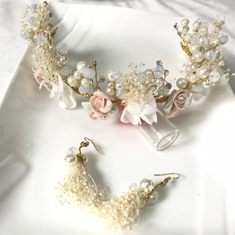Bridal Flower Faux Pearl Opal Rhinestone Wedding Headband Gold
