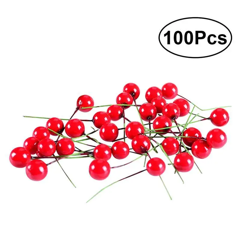 

100pcs Red Fruit Berry Holly Artificial Flower Pick Christmas DIY Home Decor Ornament
