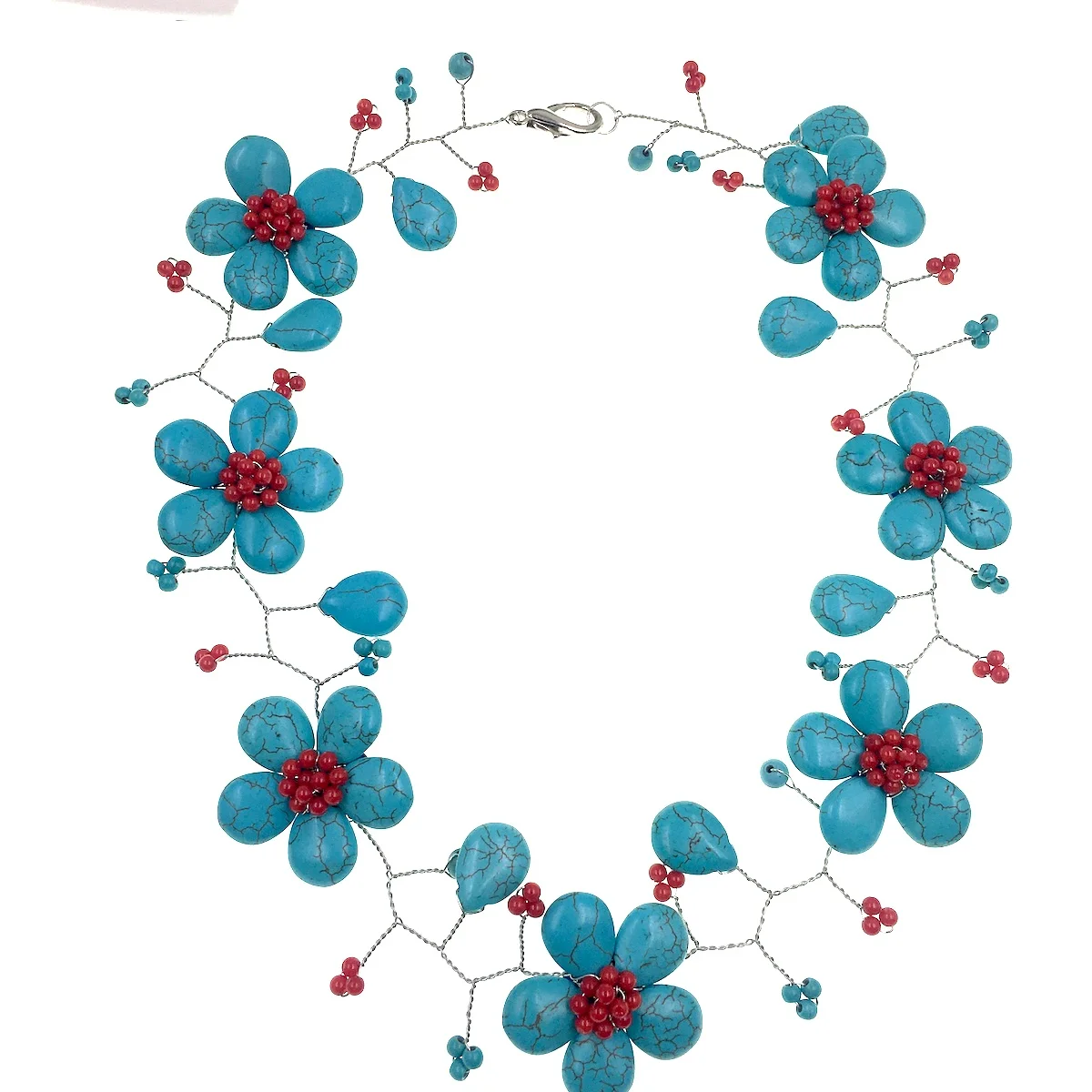 Sell like Hot Handmade Blue Turquoises Red Coral Flower Choker Necklace Boho Party Jewelry Female