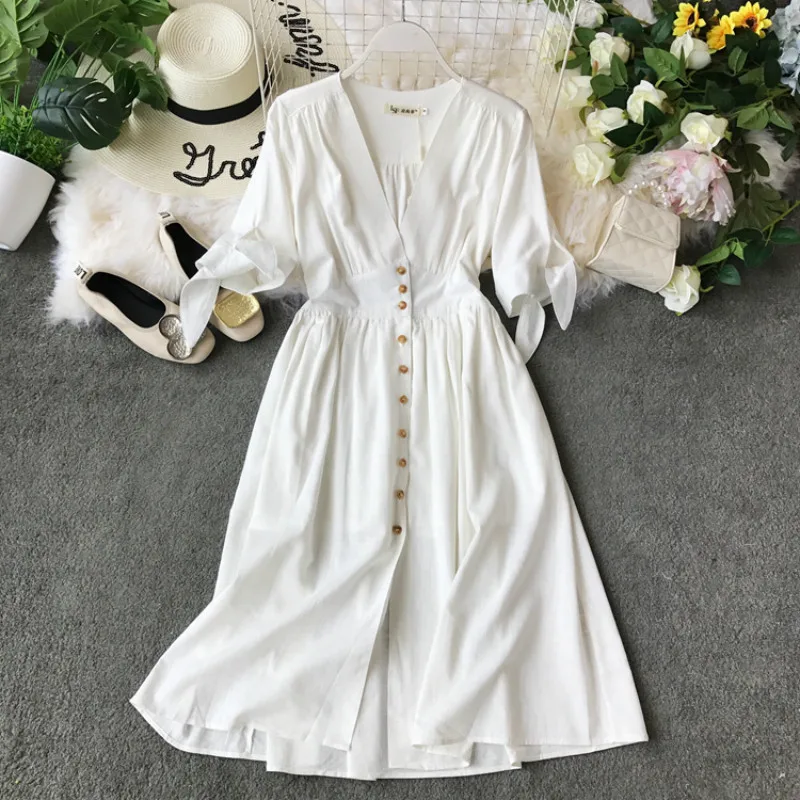 

Korean Vintage White Sexy Party Dress Spring Summer Dress Women Clothes 2019 Elegant Linen Women's Dresses Vestidos ZT2695