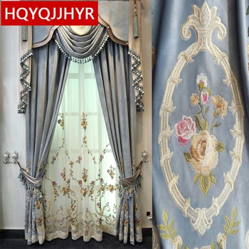 

Top European luxury light blue velvet embroidered curtains for villa living room upscale hotel bedroom window decoration