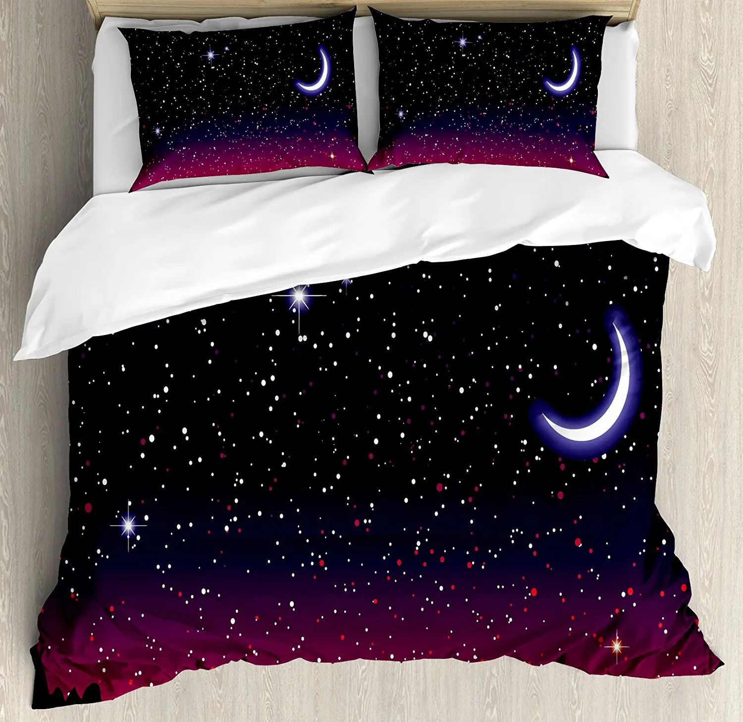 

Night Duvet Cover Set Red Sky at Night with Starry Landscape and Mountains Astrology Astronomy, Decorative 4 Piece Bedding Set