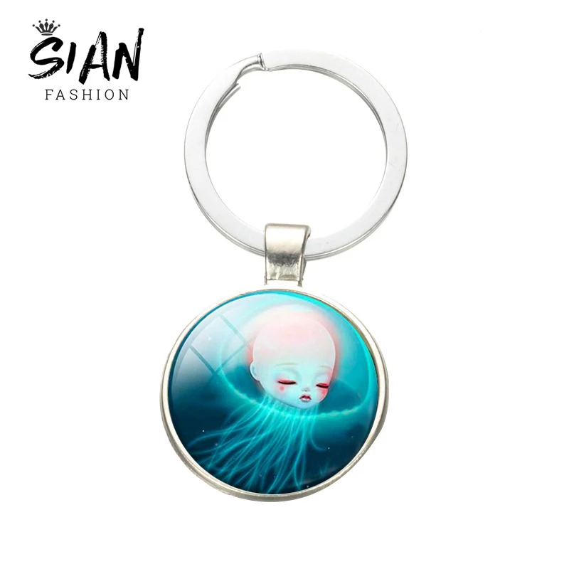 

SIAN Creative Cute Jellyfish Keychain Ocean Little Animal Printed Glass Dome Metal Pendant Key Ring Holder Bag Charm Accessories