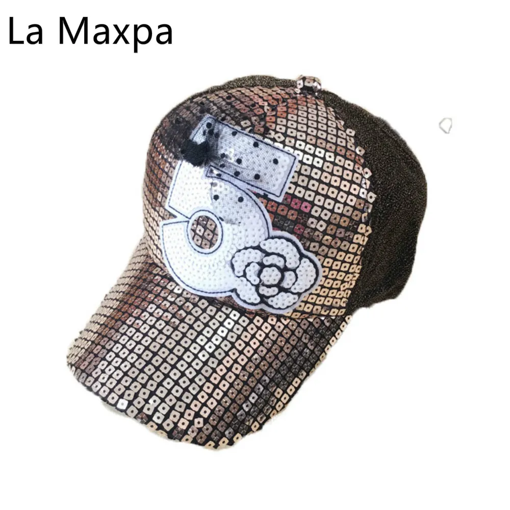 New Women Baseball Cap Bling Sequins Flashes Flower Hats Hip Hop Cap Vintage Snap Back Design