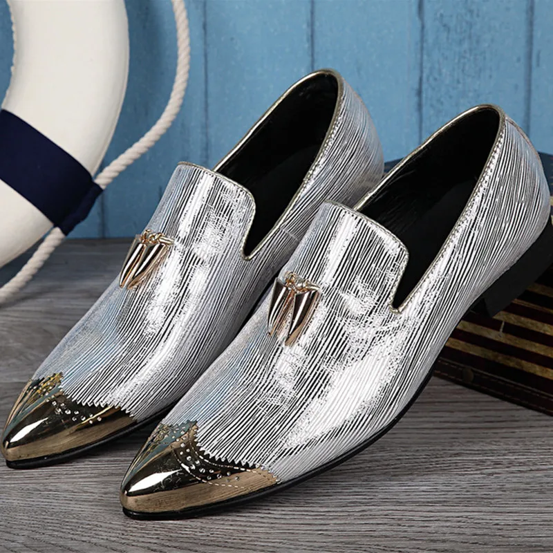 

New Fashion Cruises Metal Tip Wedding Shoes Man Stage Silver Brand Top Quality Dress Slip-On Logging Suit Men Leather Shoes