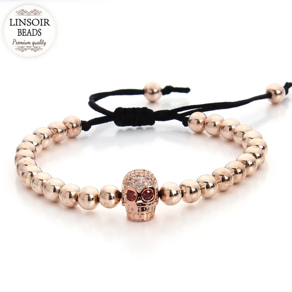 Brand Bracelets Rose Gold Color Skull Beads Charms Braided Brand Bracelets Rose Gold Color Skull Beads Charms Braided