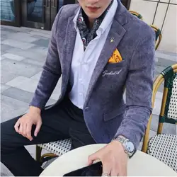 Вельветовый блейзер для мужчин Slim Fit зеленый хаки серый 2018 Мужской Блейзер пиджак Золото Вышивка Terno Masculino корейский блейзер