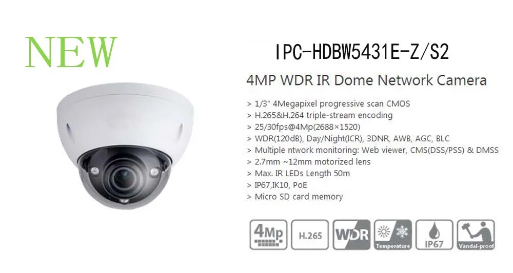 Free Shipping DAHUA Security IP Camera CCTV 4MP WDR IR Dome Network Camera IP67 IK10 With POE Without Logo IPC-HDBW5431E-Z/S2