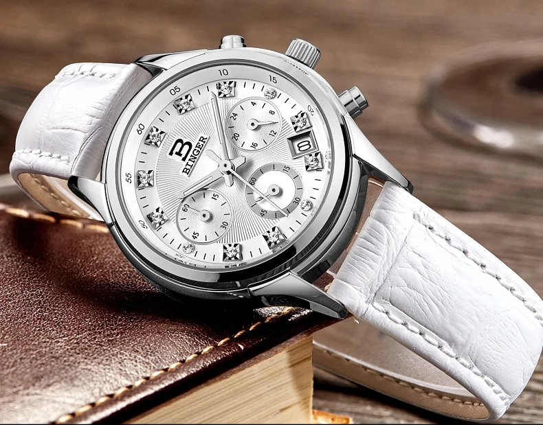 Женские часы люксовый бренд кварцевые Швейцарский Бингер водонепроницаемые часы из натуральной кожи хронограф с ремешком наручные часы BG6019-W4