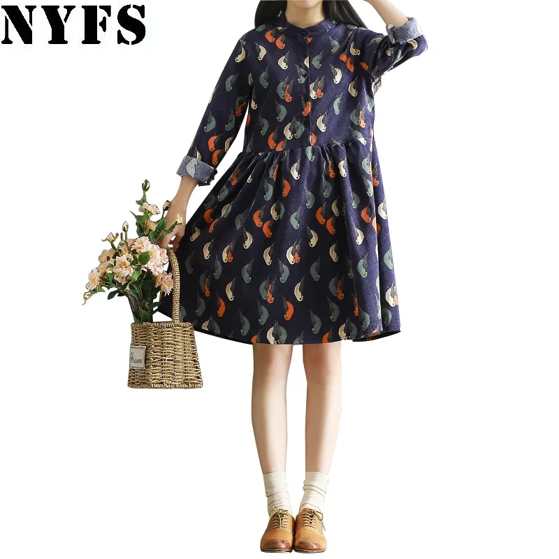 

NYFS New 2019 Spring Autumn Plus Size Casual Women dress Japanese printing Long Sleeve Dress Vestido Robe