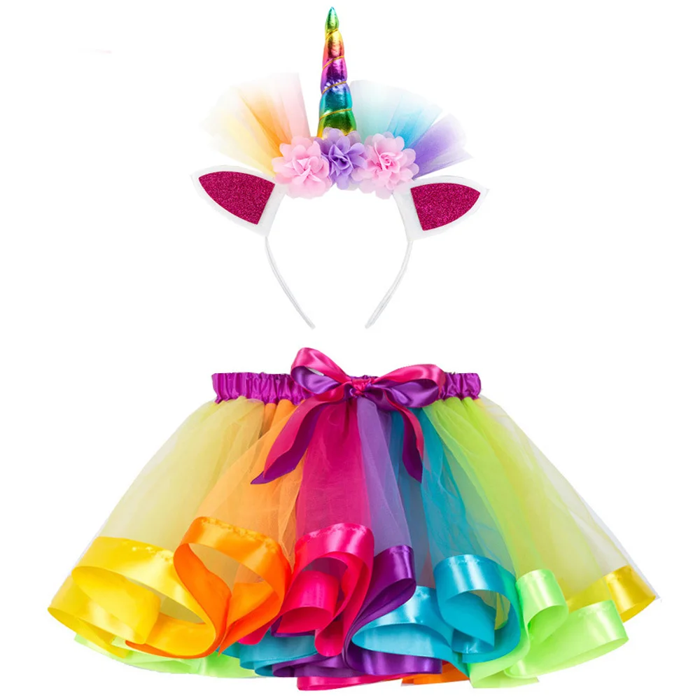 

2Pcs Girls Skirts Summer Unicorn Rainbow Tutu Skirt Easter Carnival Costume Kids Princess Girls Birthday Party Clothes Children
