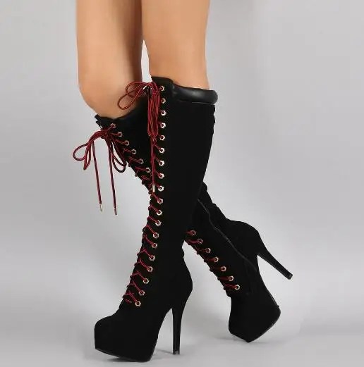 

Black platform lace-up high heel long boots for woman Fashion super high thin heel round toe knee-high boots Ladies knight boots