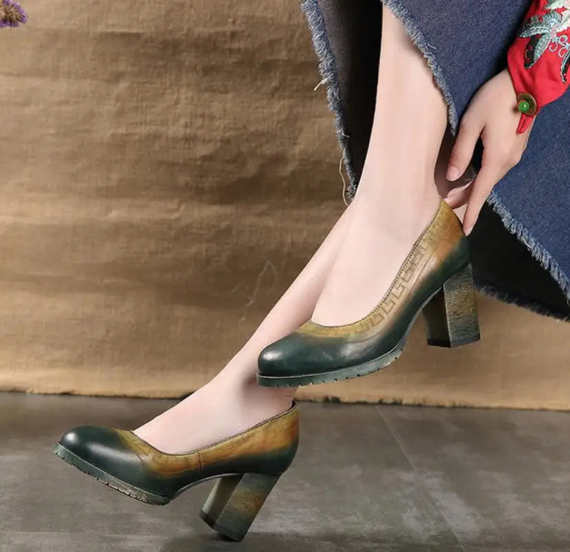 

Spring and summer new fashion leather round head retro national style carved high heels shoes