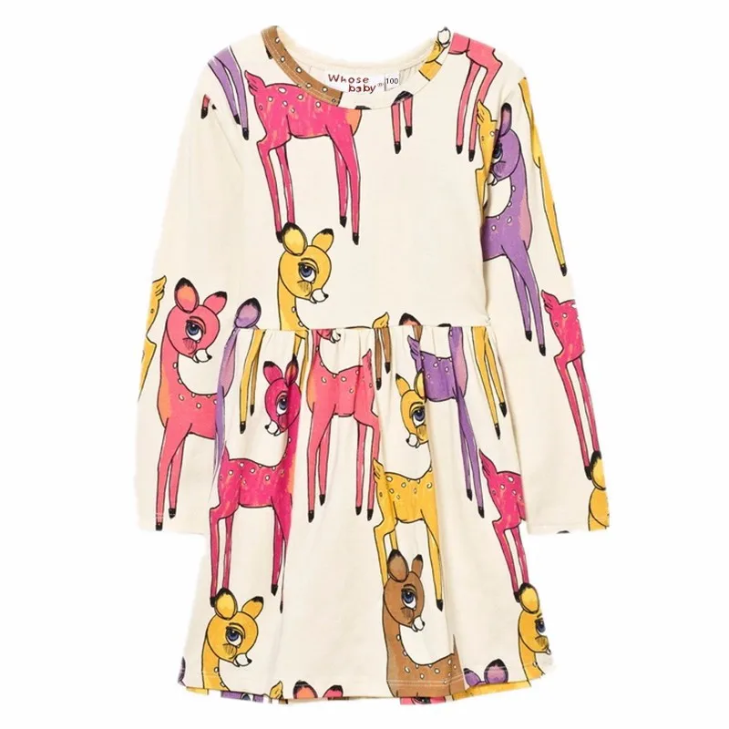 

Teenager Sika Deer Animals Print Kids Autumn Long Sleeve Dresses Girls Winter Long Sleeve Dress Costume Vestido Infantil