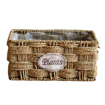 

Square Shape Grass Straw Woven Flower Pot Garden Flower Vase Braided Hanging Basket With Handle Storage Basket