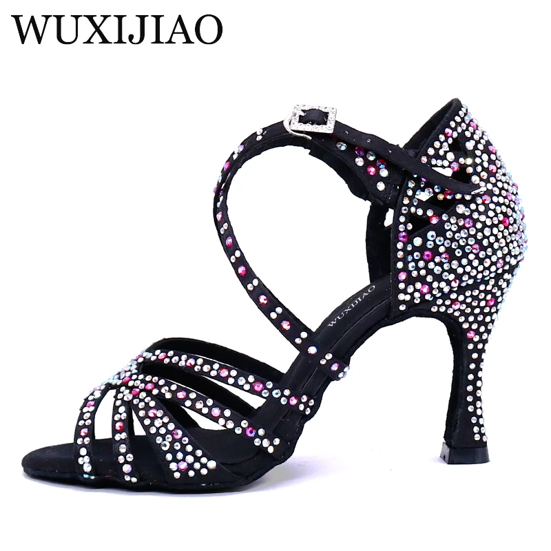 Women Salsa Party Ballroom Latin Dance Shoes Rhinestone Shining Bronze Skin Black Satin Cuba Heel 9cm