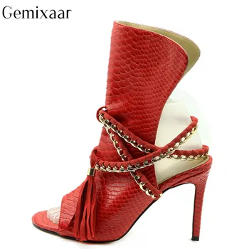 

Serpentine Pattern Ankle Cross Strap Decor Chain Women Shoes Peep Toe Open Back Sandalias Solid Color Thin High Sandals Woman