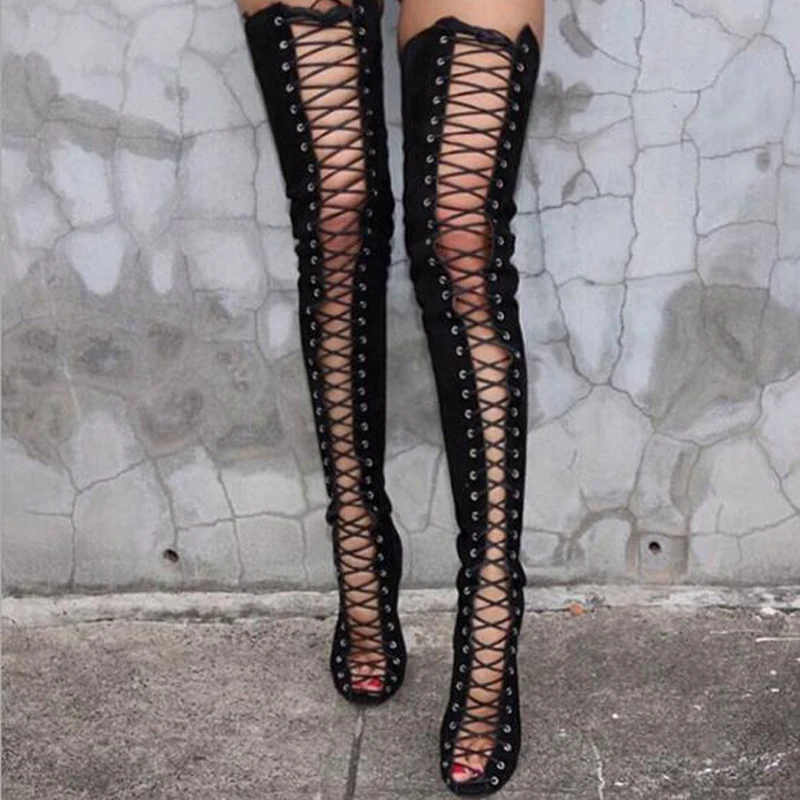 

Sexy Over The Knee Boots Woman Fashion Peep Toe High Heels Shoes Lace Up Flock Spring Ladies Boots Footwear