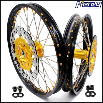 

21/18 Motorcycle Rim Spoked Wheels Complete Enduro Set For SUZUKI DRZ400SM 2005-2015 2016 2017 2018 Front 310MM Disc Gold Nipple