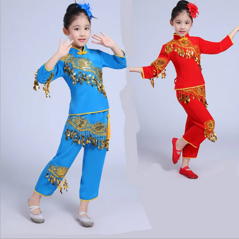 

New style children's girls classical dance Yangko costumes festive dance drum suit fan dance costumes