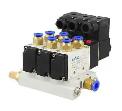 Solenoid Valve DC 24V 2 Positions 5 Way Triple Base 6mm Quick Fittings Mufflers
