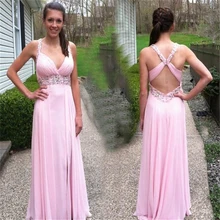Sexy Deep V-Neck Backless Prom Dress 2016 Vestido De Festa De Casamento Cheap Pink Chiffon Dress Evening Dresses