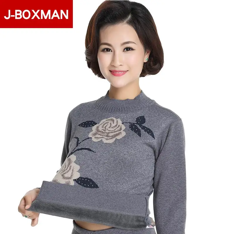 Middle-aged Thermal Underwear Set Female Crew Neck Warm Pajamas Brand Designer Floral Print Classic Clothing for Ladies |