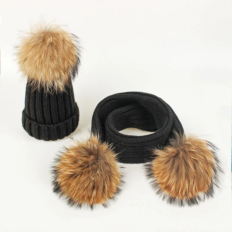 DMROLES, 2 шт./лот, детская зимняя шапка и шарф, шапка с помпонами, детская зимняя шапка, теплая вязаная шапка, шапки бини, шарфы для девочек - Цвет: Black