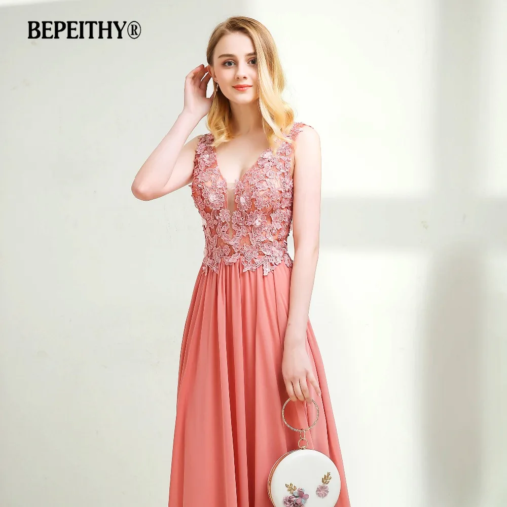 Vestido de festa, длинное вечернее платье с v-образным вырезом, розовые вечерние платья с кружевными цветами, элегантные вечерние платья, горячая Распродажа, длина до пола, платья для выпускного вечера