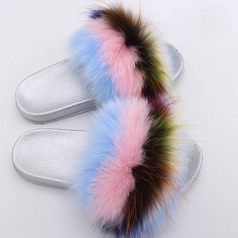 

RASS PLE Real Fox Fur Slides Slippers Flip Flops Open Toe Flat Sandals Fluffy Slippers Sliders Shoes Summer Beach Shoes Women