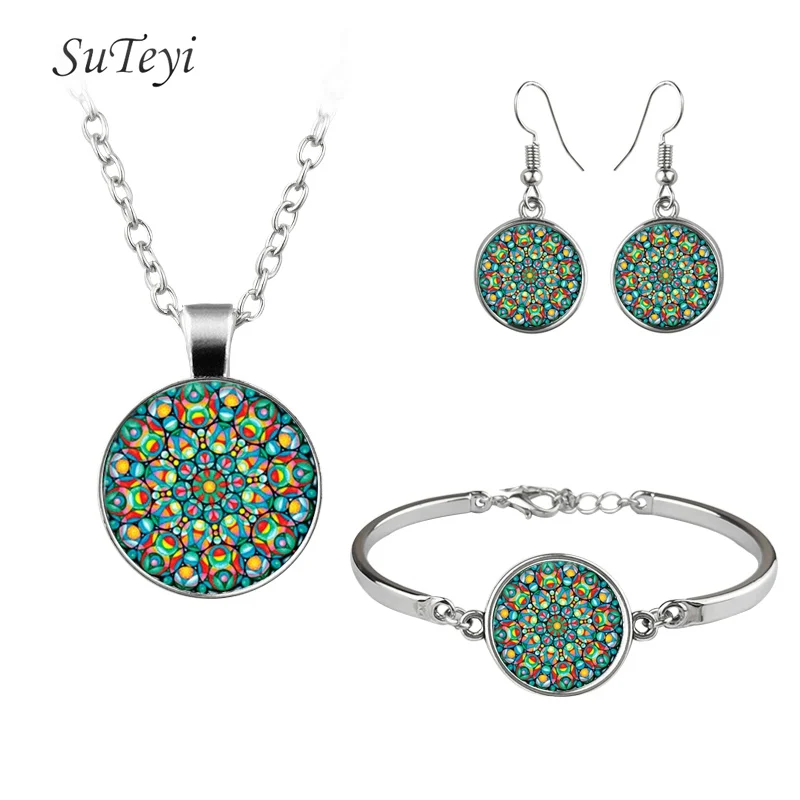 

SUTEYI 2017 New Style Round Glass Earrings Geomertry Chakra Bracelet Necklace Jewelry Set Yoga Art Picture Necklaces