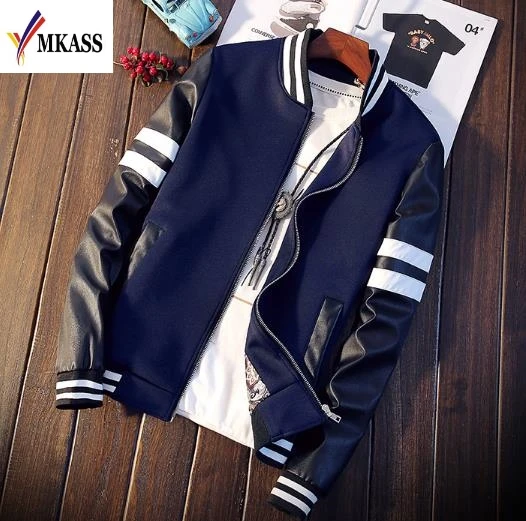 New 2017 Mens Bomber Jacket Men Autumn Winter PU Leather Sleeves Pilot Biker Jackets For Men