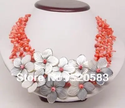 

4row pink coral flower shell necklace