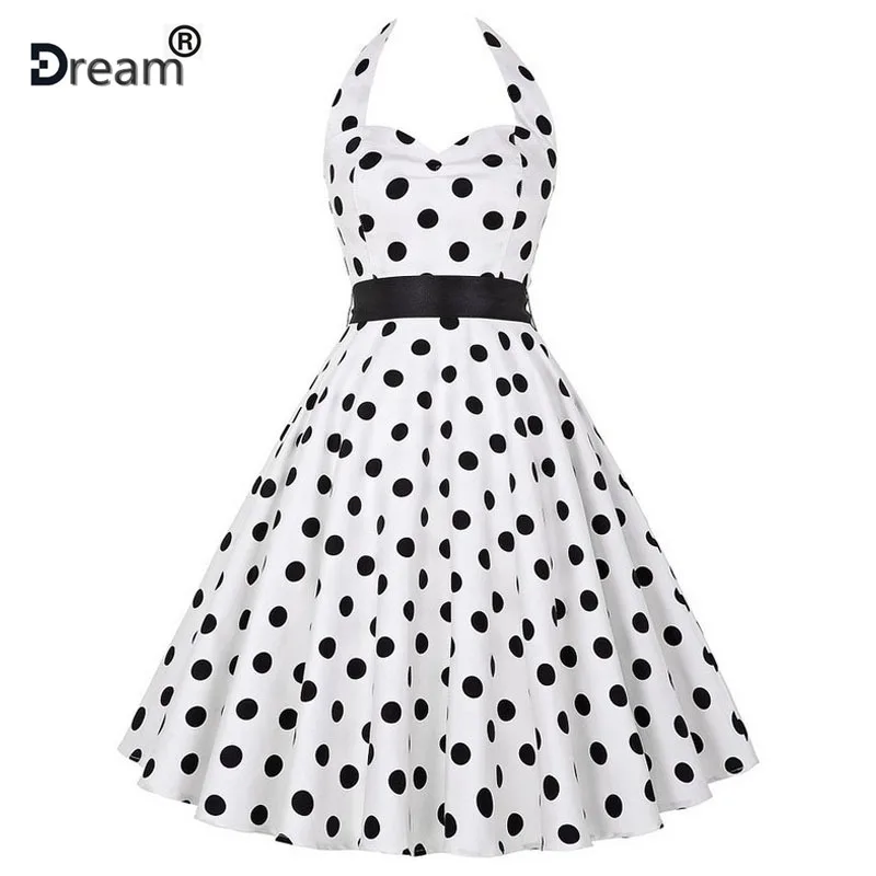 

Plus Size Polka Dot Dress Women Vintage Swing Halter Belt 50s 60s Rockabilly Prom Party Dresses Retro Feminino Vestidos
