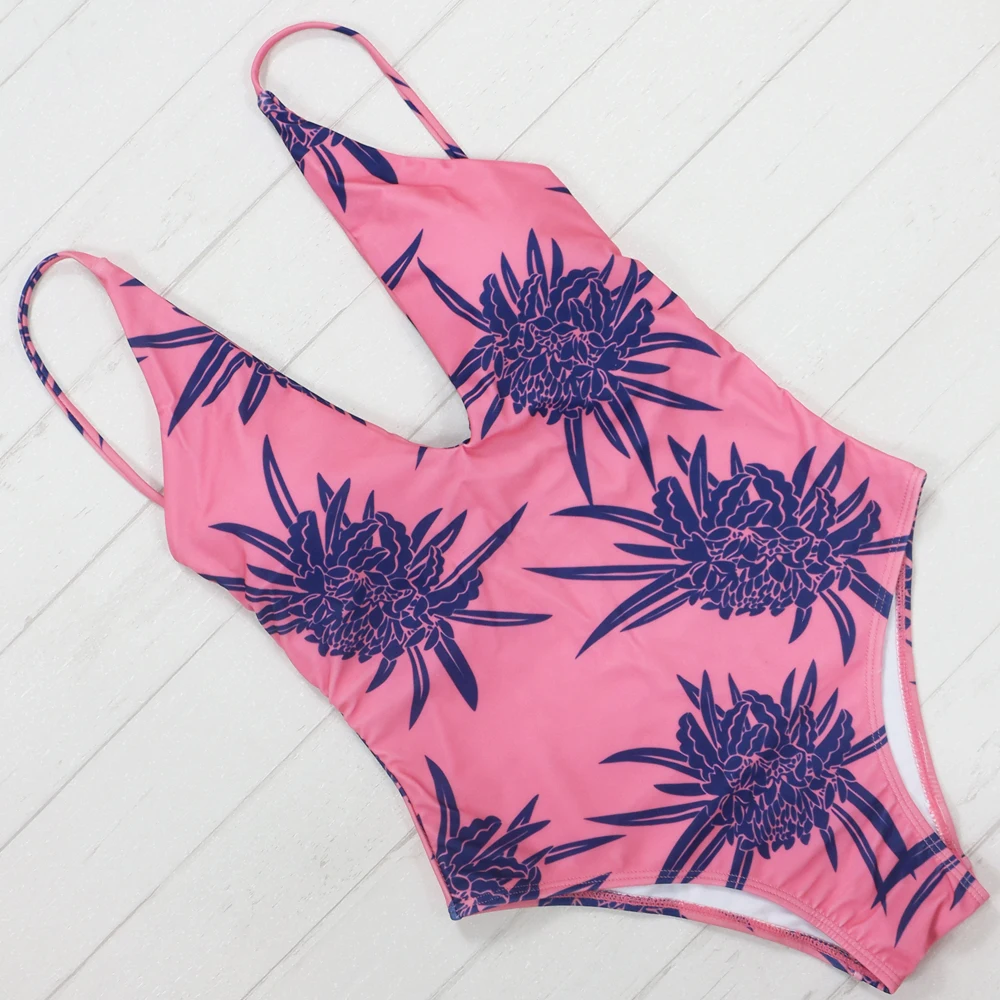 

New Arrival Printed Flower One Piece Swimsuit Swimwear Women Deep V Neck Padded Bathing Suits Swim Wear