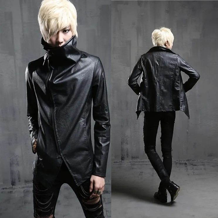 Nightclub DJ punk rock slim leather jacket oblique zipper design men turtleneck motorcycle biker faux leather jackets and coats