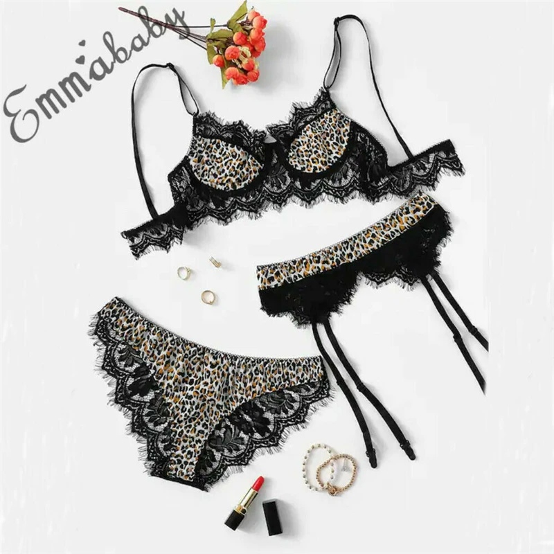 

3Pcs Sexy Lingerie Set Leopard Print OpenBra+Panties+Garter Women Lace Sexy Underwear Lingerie Sexy Hot Erotic Babydoll S M L XL