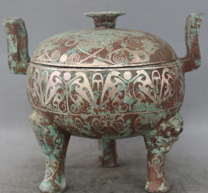 

8" Ancient Chinese Bronze Silver 3 Foot Food Wine Container Ding Pot Jar Crock R0710