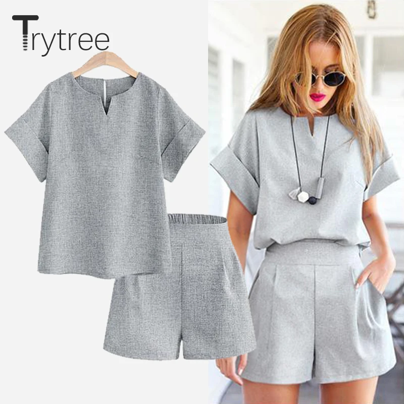 Trytree الربيع الصيف المرأة اثنين من قطعة مجموعة عارضة ملابس علوية من القطن + قصيرة Soild الإناث مكتب زائد حجم دعوى مجموعة قصيرة الأكمام مجموعات