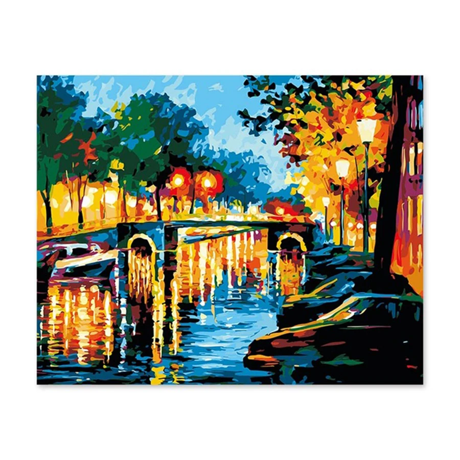 

Digital oil painting color bright canal brilliantly illuminated the silent trees Diy by numbers hand painted picture