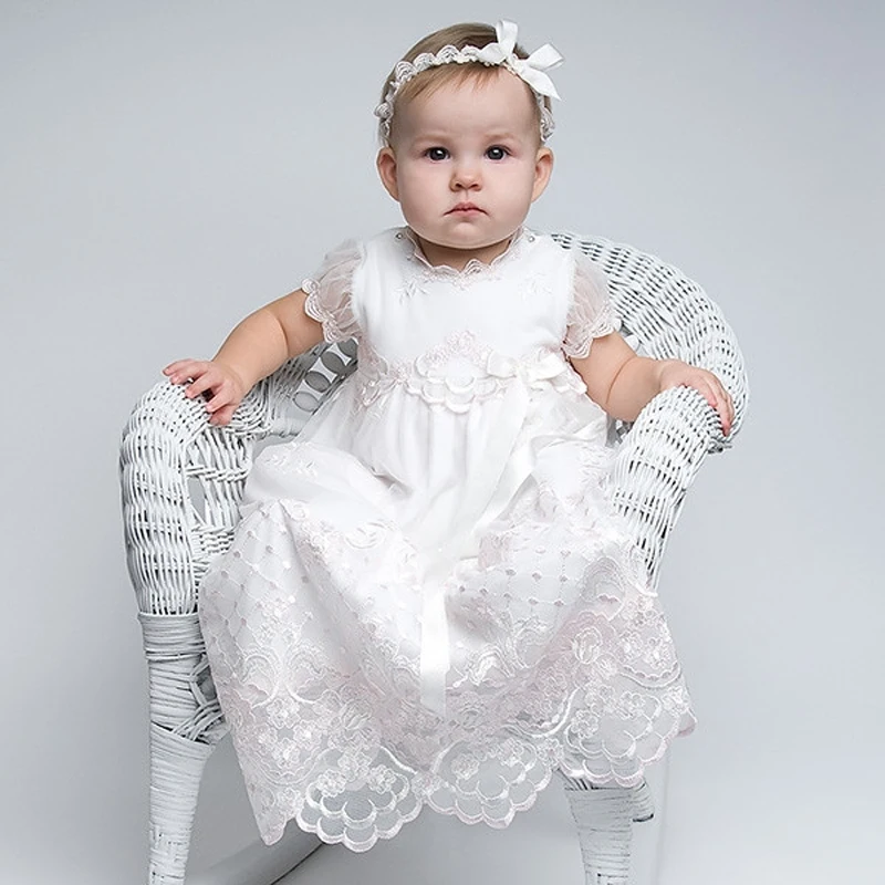 

Without Headband New Arrival Baby Baptismal Gown White Short Sleeves Appliques A-Line O-neck Formal Long Baby Birthday Dresses