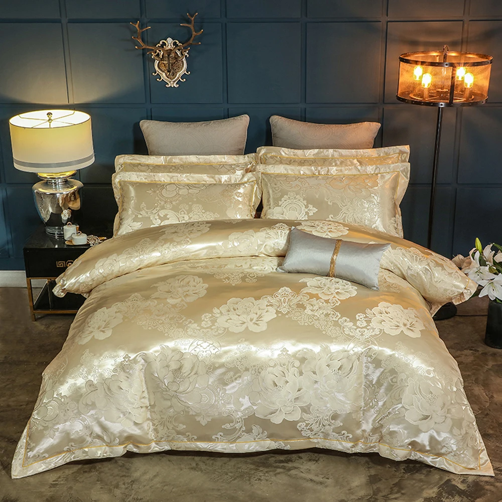 

2018 Yellow Golden Flowers Bedding Sets Silk Cotton Blend Fabric Bedlinens Jacquard Duvet Cover Set Bedsheet Pillowcases